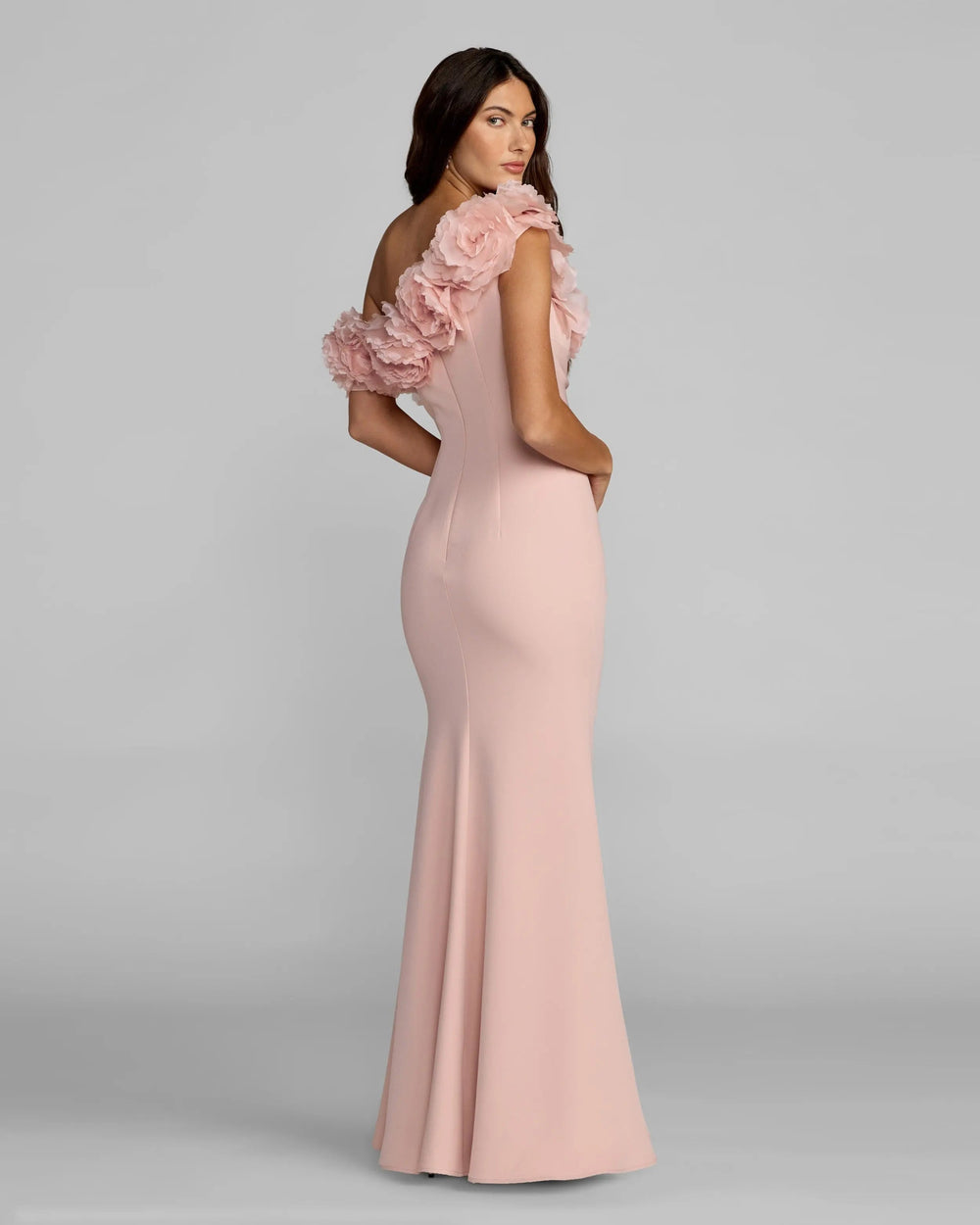 Pink One Shoulder Crepe Gown With 3D Flowers - FOSTANI.com