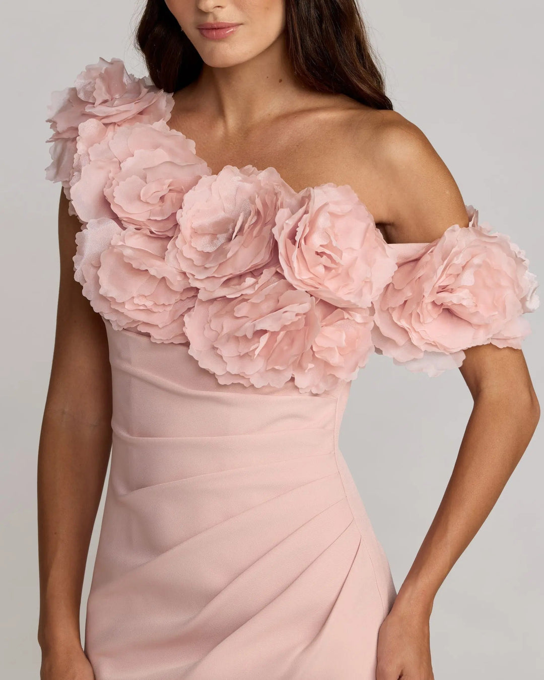 Pink One Shoulder Crepe Gown With 3D Flowers - FOSTANI.com
