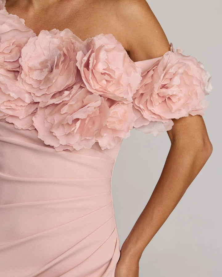 Pink One Shoulder Crepe Gown With 3D Flowers - FOSTANI.com