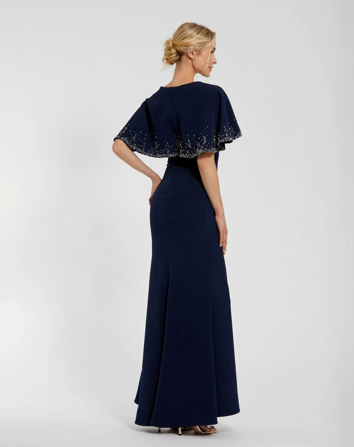 Mac Duggal 2271 Crepe High Neck Fitted Gown With Beaded Shawl