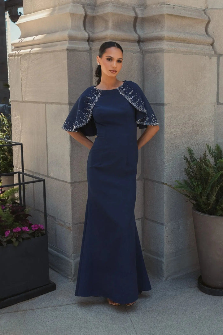 Mac Duggal 2271 Crepe High Neck Fitted Gown With Beaded Shawl