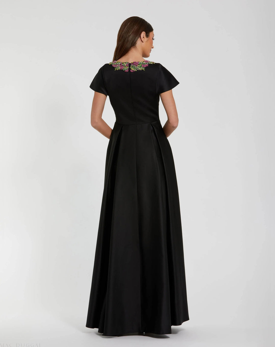 Mac Duggal 2272 Satin Flutter Sleeve Gown With Neckline Beading