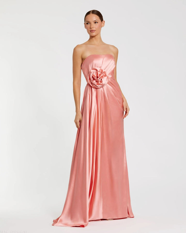 Mac Duggal 2301 Strapless Satin Gown With 3D Flower