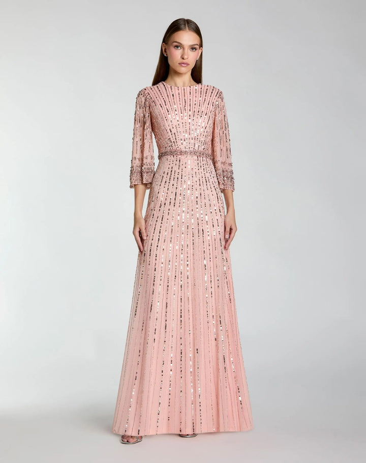 Mac Duggal 23045 High Neck Embellished Gown With 3/4 Sleeves