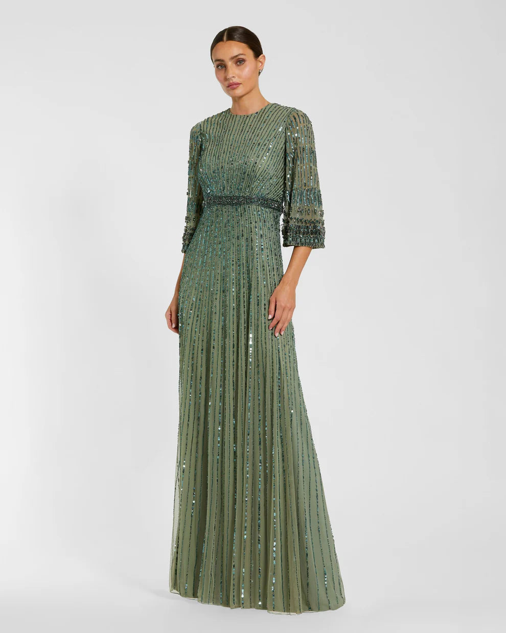Mac Duggal 23045 High Neck Embellished Gown With 3/4 Sleeves
