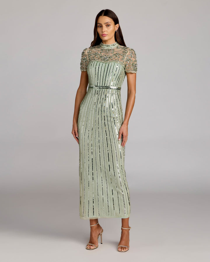 Mac Duggal 23075 Green Beaded Mock Neck Midi Dress - FOSTANI.com