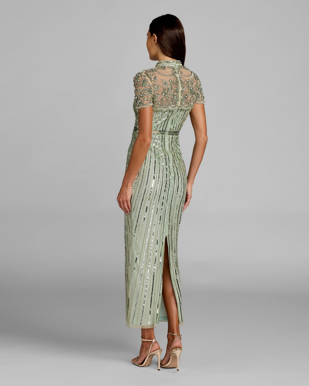Mac Duggal 23075 Green Beaded Mock Neck Midi Dress - FOSTANI.com