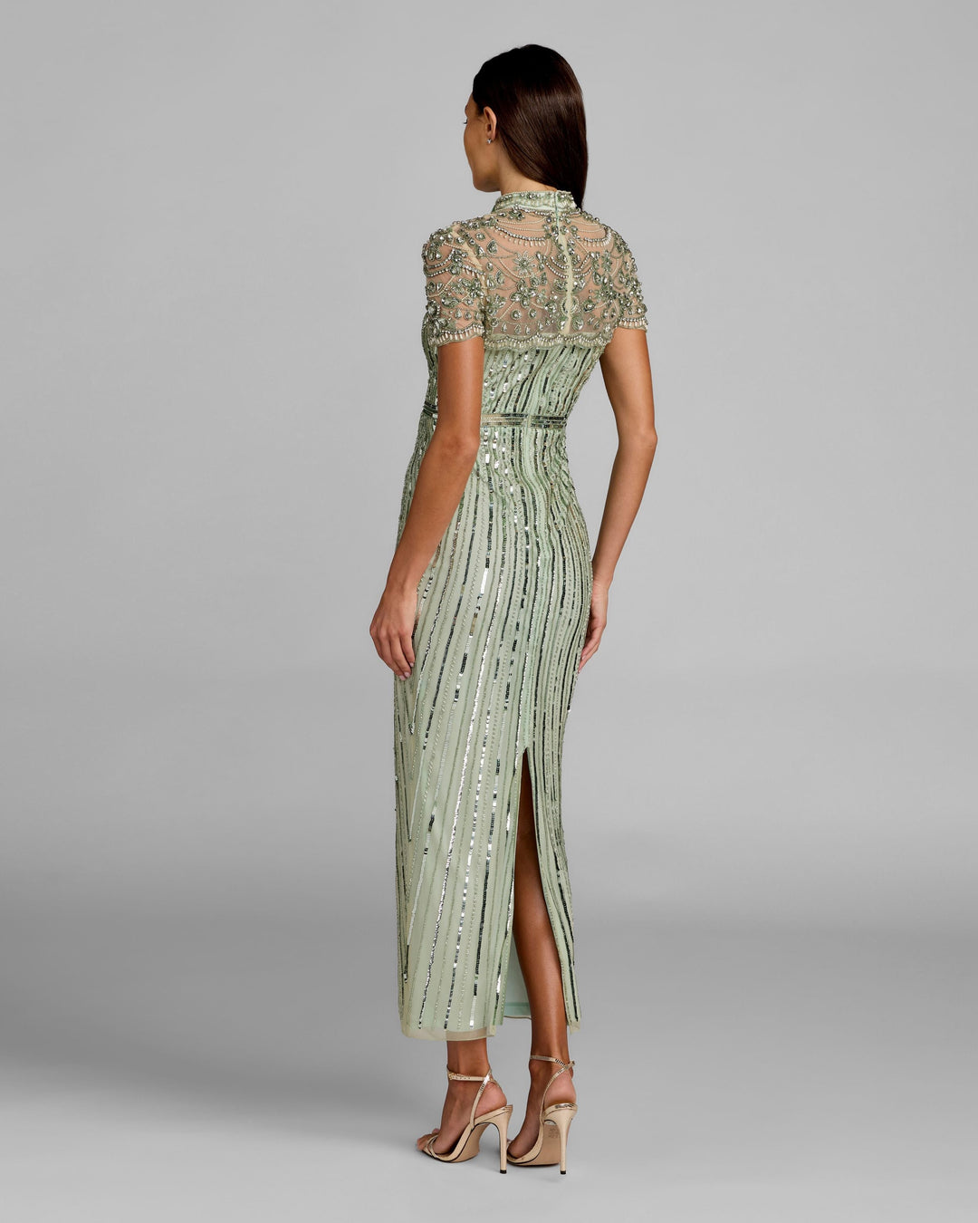 Mac Duggal 23075 Green Beaded Mock Neck Midi Dress - FOSTANI.com
