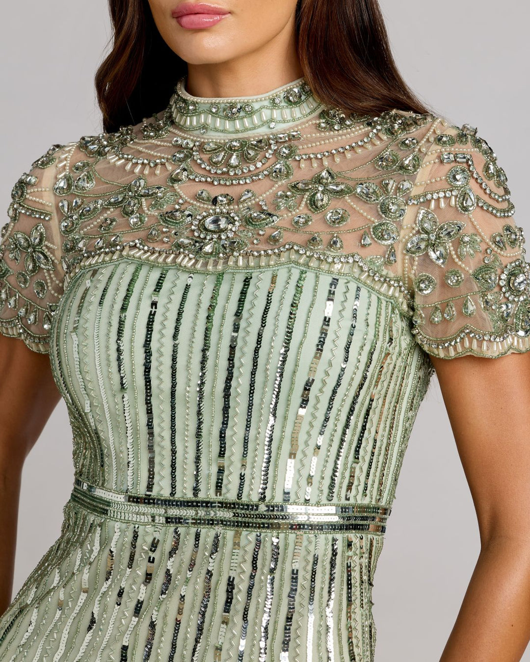 Mac Duggal 23075 Green Beaded Mock Neck Midi Dress - FOSTANI.com