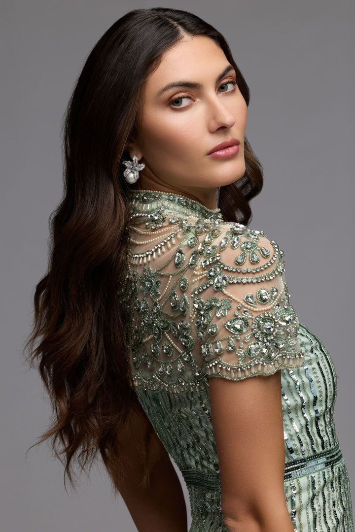 Mac Duggal 23075 Green Beaded Mock Neck Midi Dress - FOSTANI.com