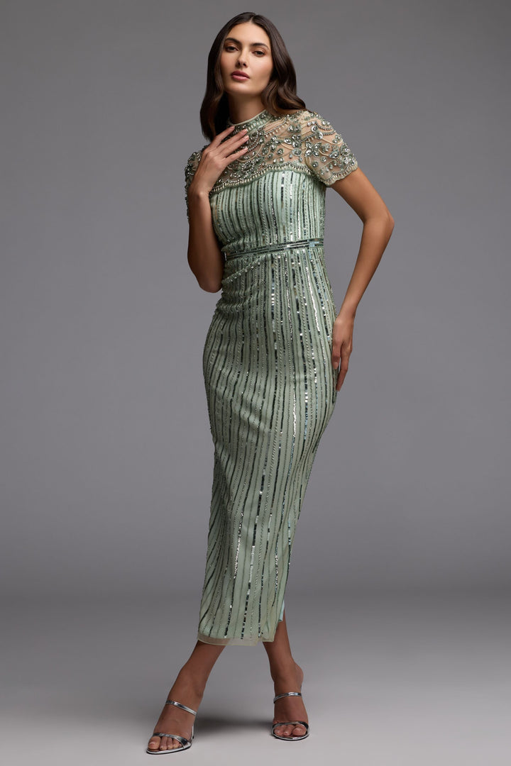 Mac Duggal 23075 Green Beaded Mock Neck Midi Dress - FOSTANI.com