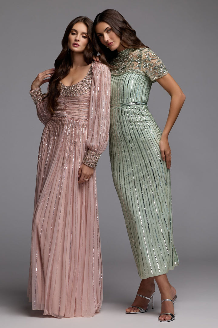 Mac Duggal 23075 Green Beaded Mock Neck Midi Dress - FOSTANI.com
