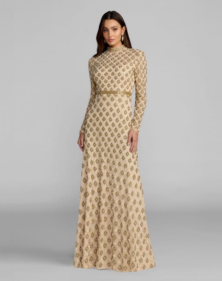 Mac Duggal 23087 Mock Neck Long Sleeve Embellished A-Line Gown
