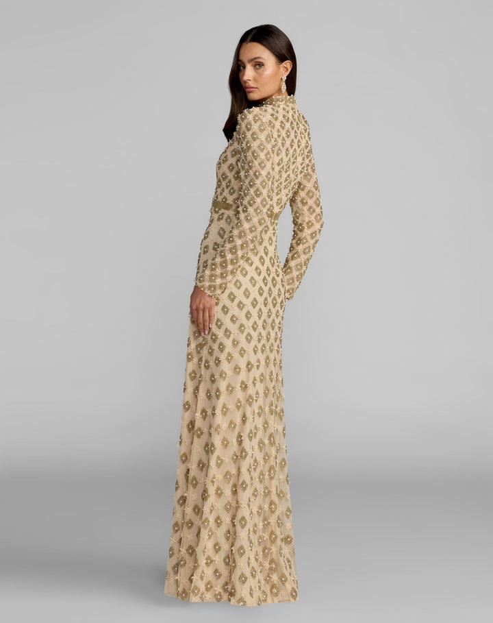 Mac Duggal 23087 Mock Neck Long Sleeve Embellished A-Line Gown