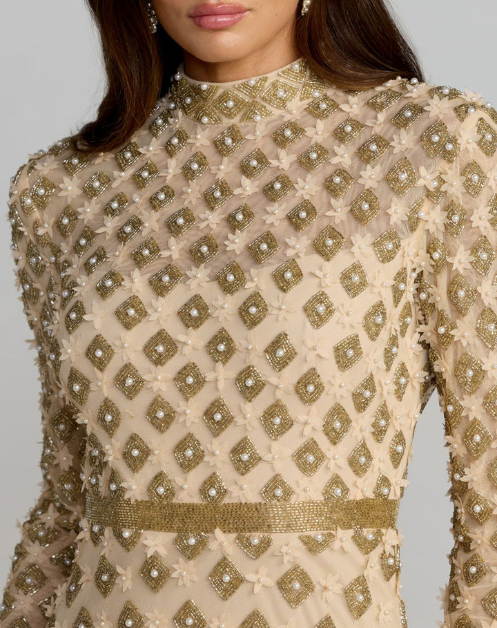 Mac Duggal 23087 Mock Neck Long Sleeve Embellished A-Line Gown