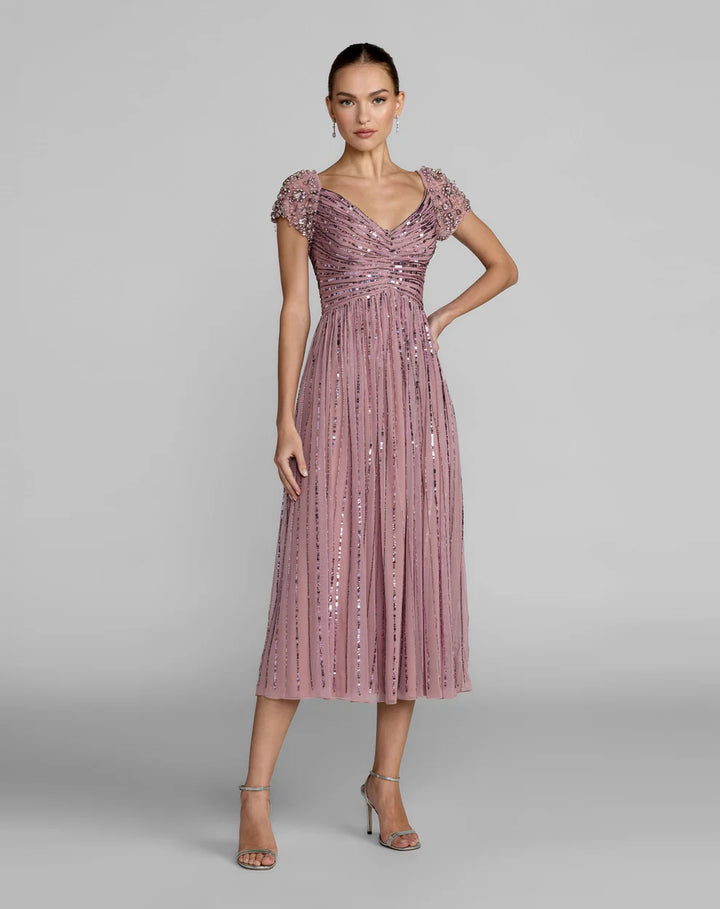 Mac Duggal 23098 Sequin Jeweled V Neck Midi Dress