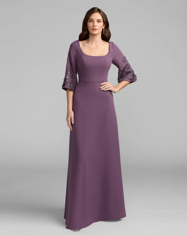Mac Duggal 2311 Crepe Dress With Floral Embellished Sleeves