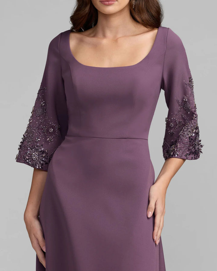 Mac Duggal 2311 Crepe Dress With Floral Embellished Sleeves