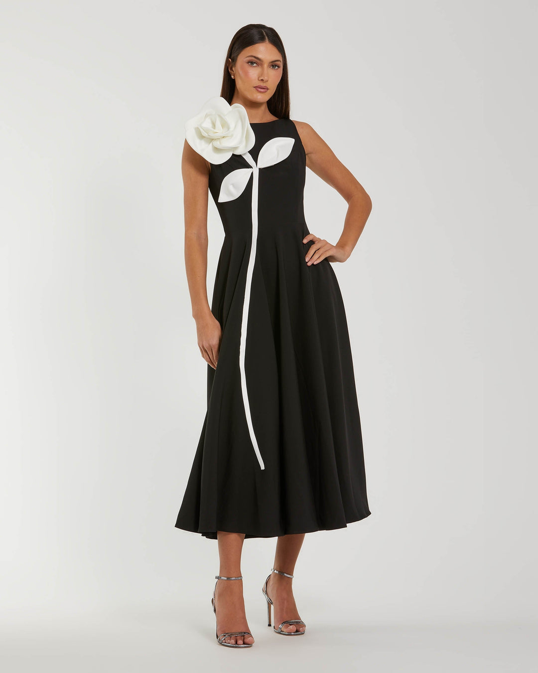 Black Crepe A Line Midi Dress with 3D Flower - FOSTANI.com