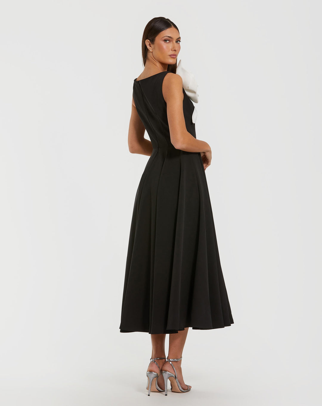 Black Crepe A Line Midi Dress with 3D Flower - FOSTANI.com