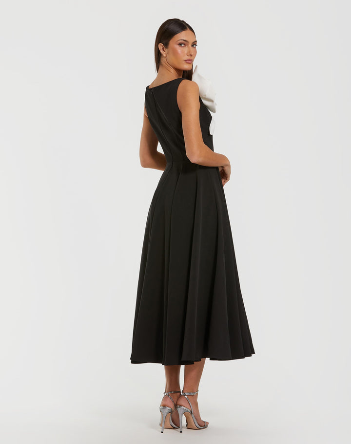 Black Crepe A Line Midi Dress with 3D Flower - FOSTANI.com