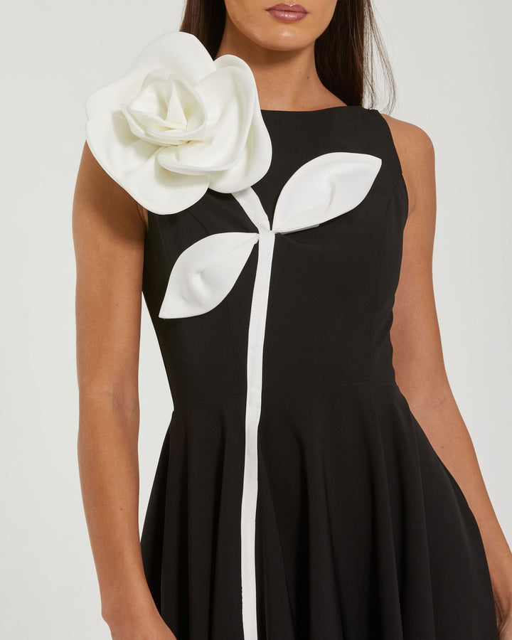 Black Crepe A Line Midi Dress with 3D Flower - FOSTANI.com