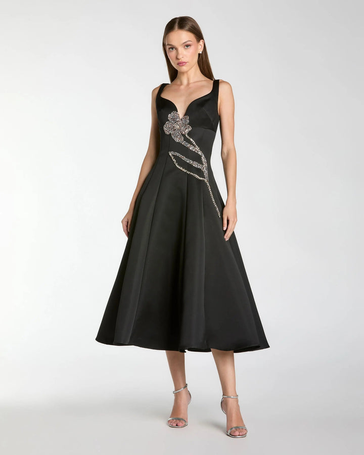 Black A-Line Midi Dress With Embellished Flower - FOSTANI.com