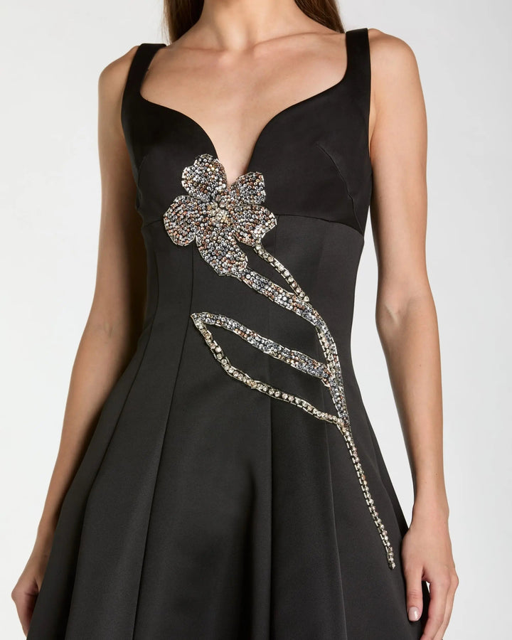 Black A-Line Midi Dress With Embellished Flower - FOSTANI.com
