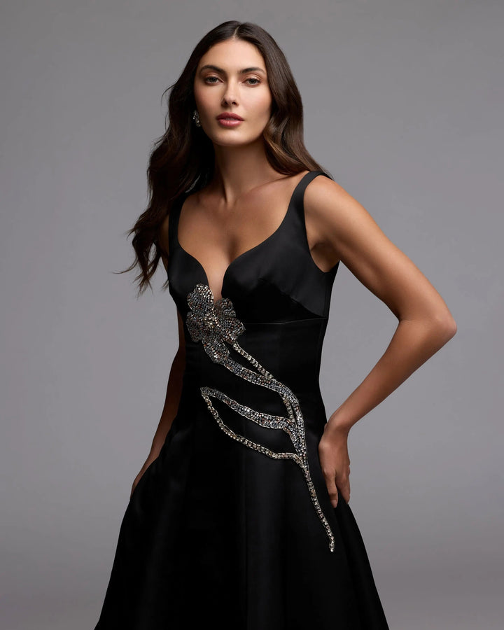 Black A-Line Midi Dress With Embellished Flower - FOSTANI.com