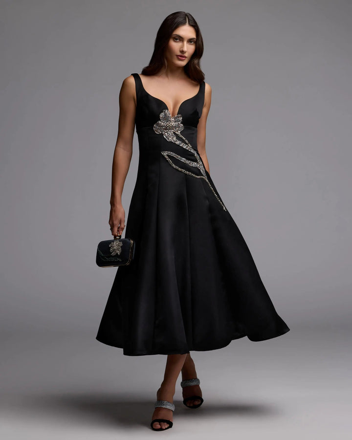 Black A-Line Midi Dress With Embellished Flower - FOSTANI.com