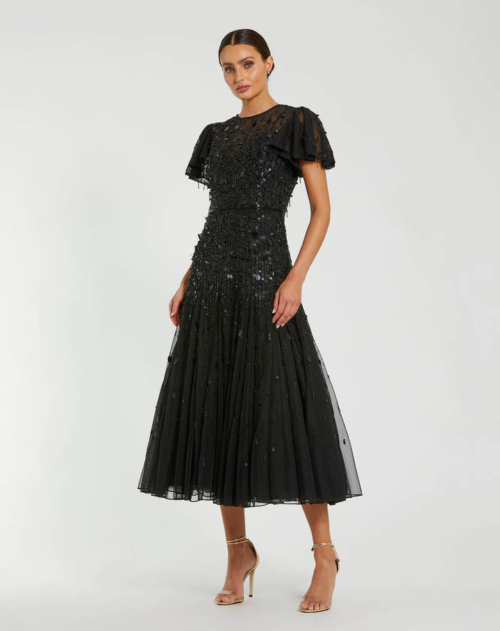 Mac Duggal 24018 High Neck Flutter Sleeve Embellished Midi Dress