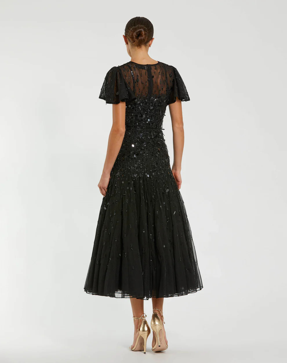 Mac Duggal 24018 High Neck Flutter Sleeve Embellished Midi Dress