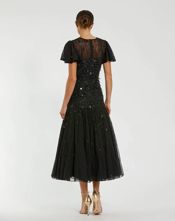 Mac Duggal 24018 High Neck Flutter Sleeve Embellished Midi Dress