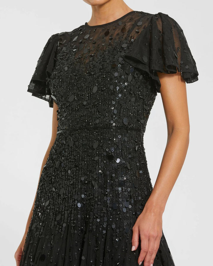 Mac Duggal 24018 High Neck Flutter Sleeve Embellished Midi Dress