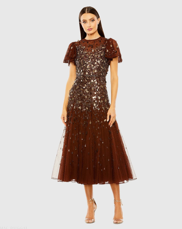 Mac Duggal 24018 High Neck Flutter Sleeve Embellished Midi Dress