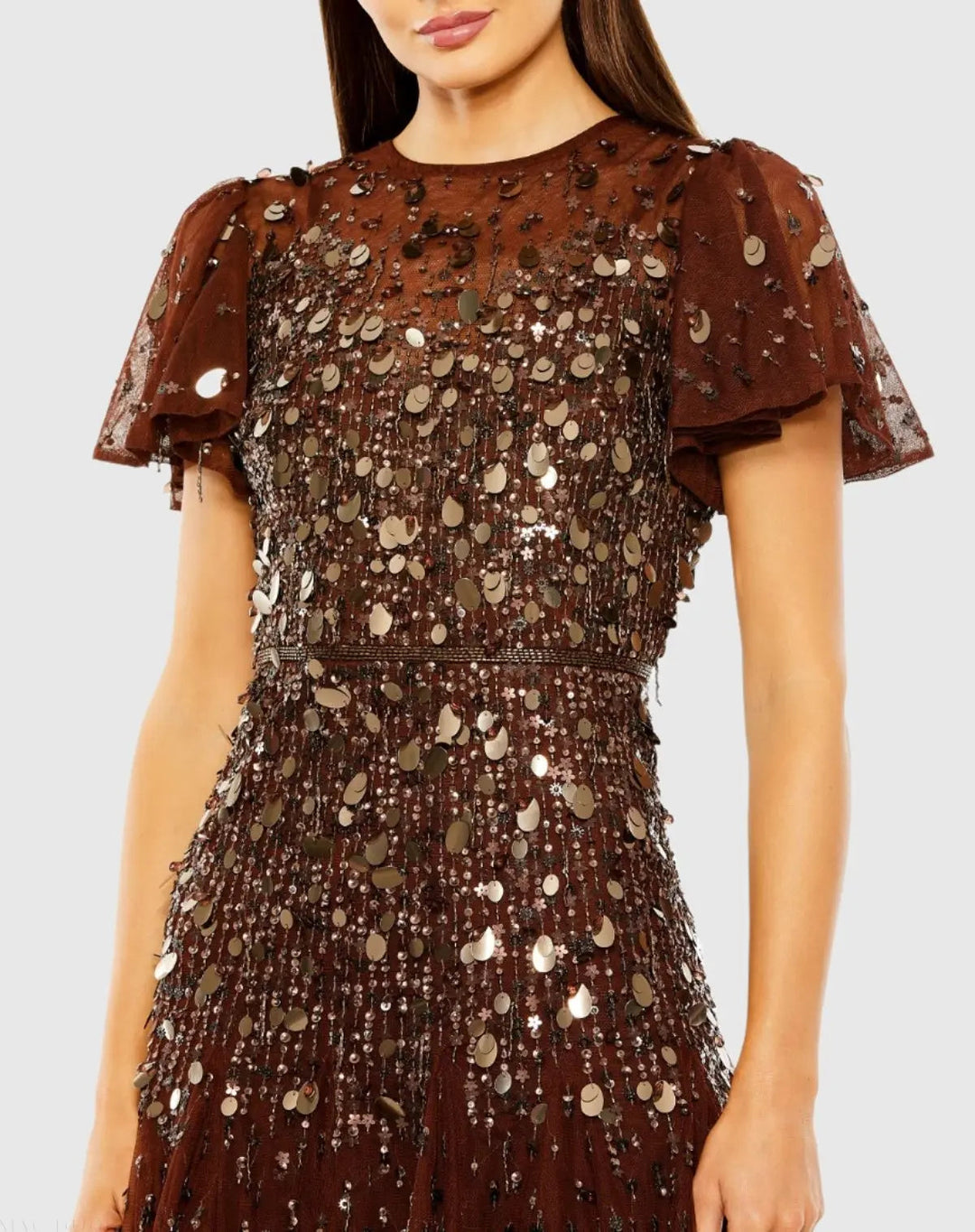 Mac Duggal 24018 High Neck Flutter Sleeve Embellished Midi Dress