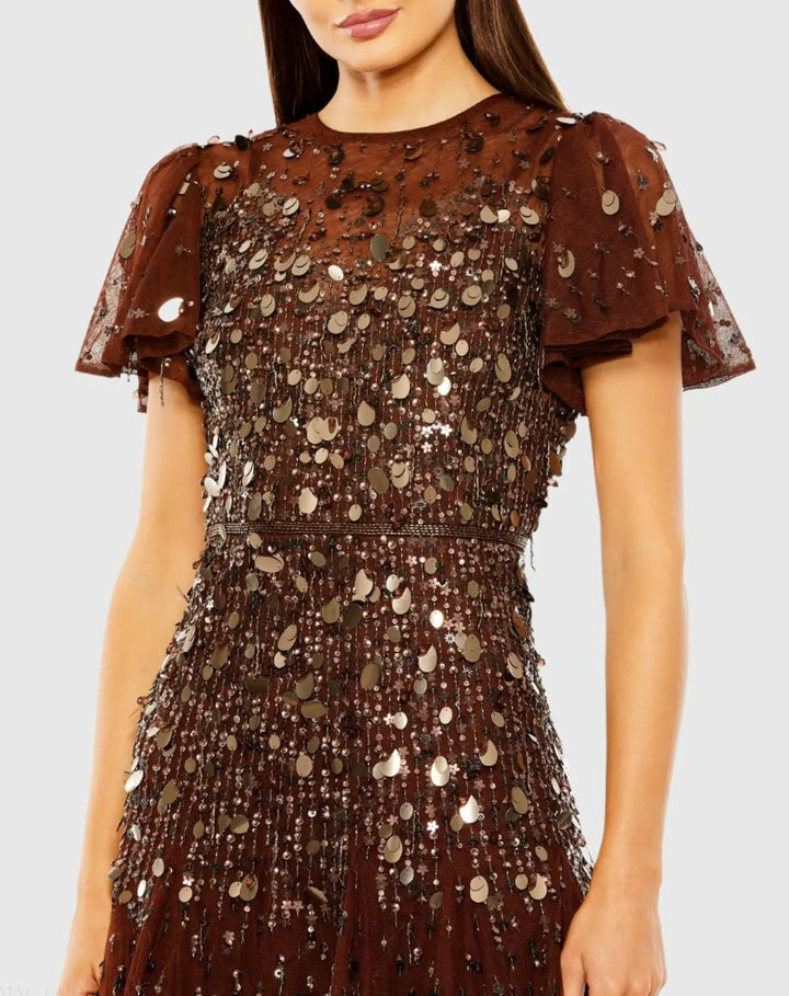 Mac Duggal 24018 High Neck Flutter Sleeve Embellished Midi Dress