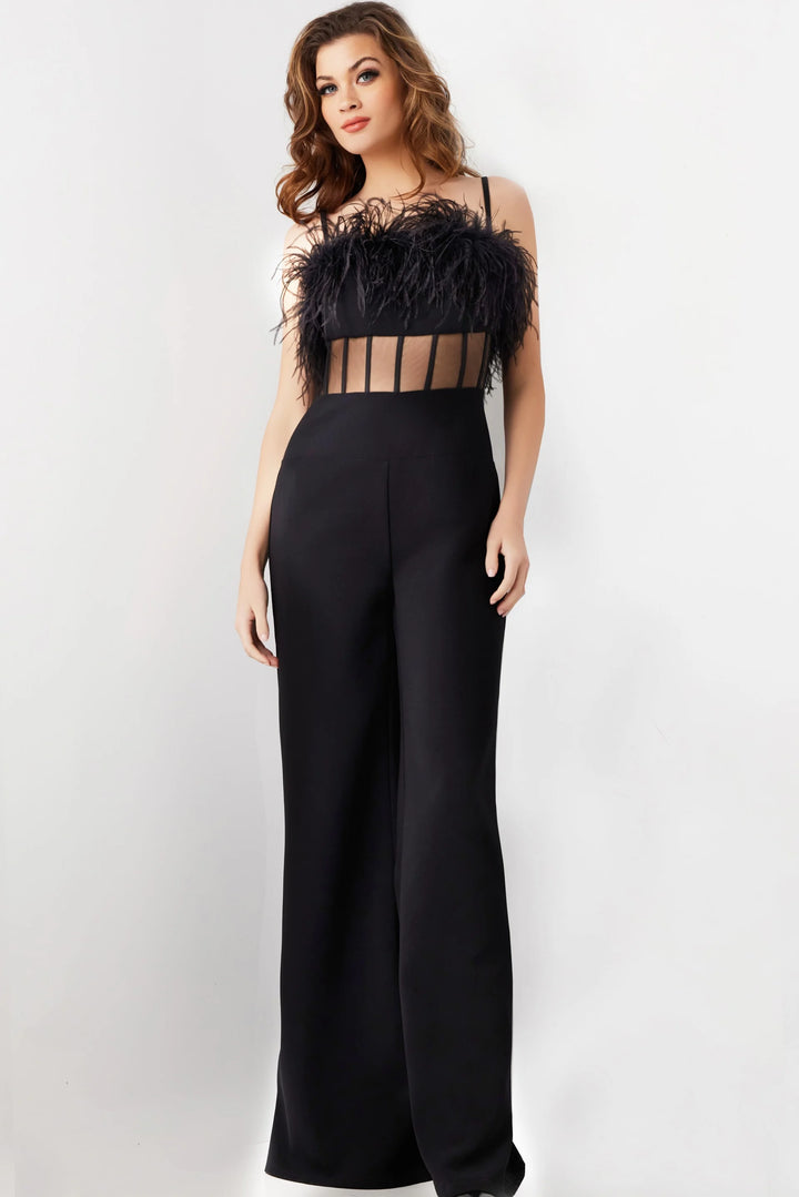 Jovani 24144 Sheer Bodice Spaghetti Straps Jumpsuit