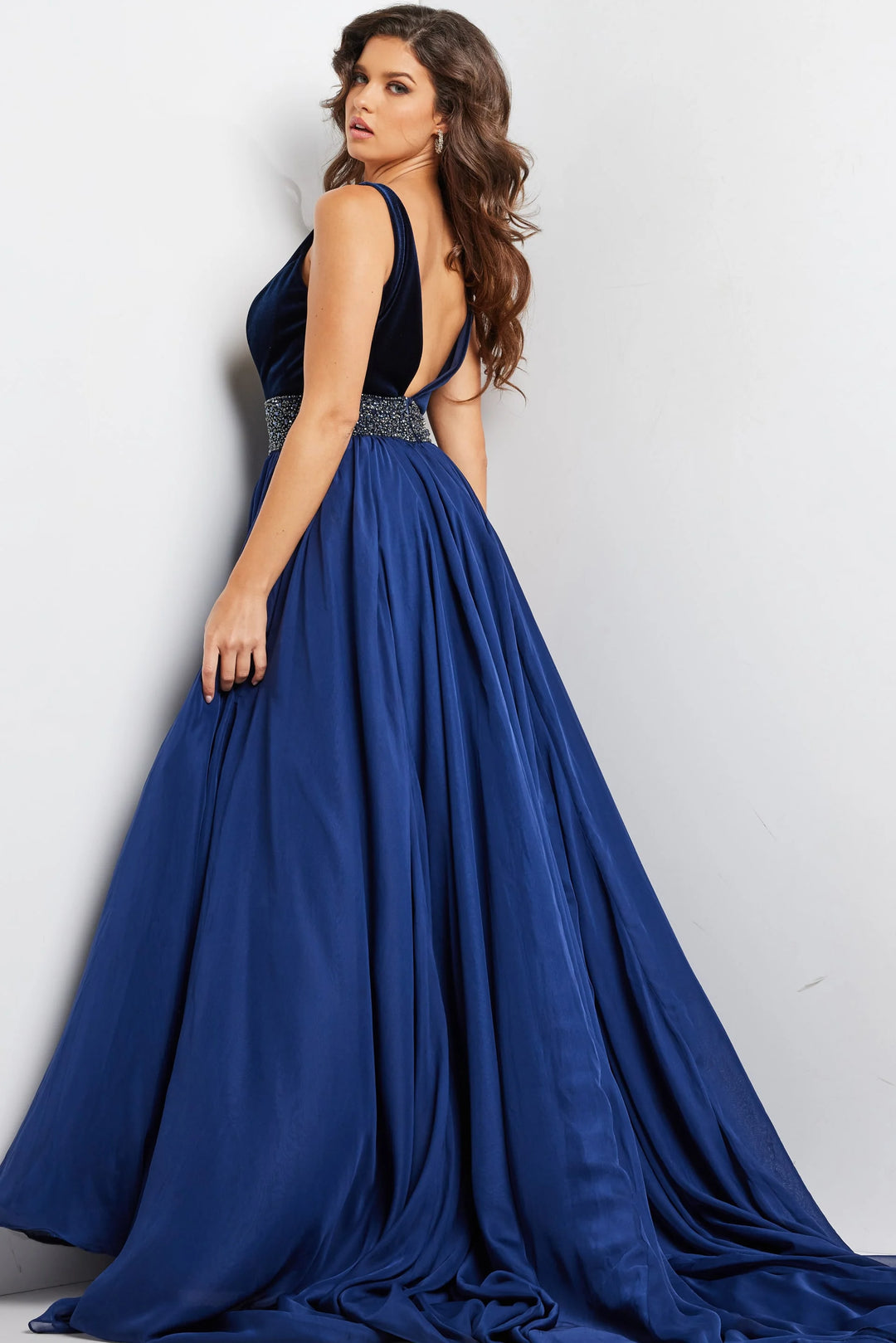 Jovani 26201 Embellished Belt V Neck Gown