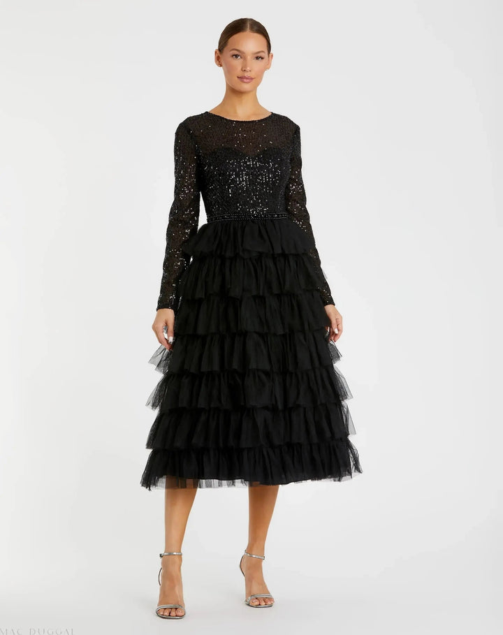 Mac Duggal 26299 Long Sleeve Ruffle Tiered Midi Dress