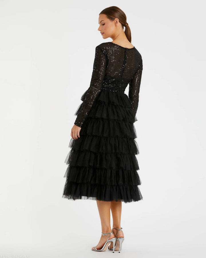 Mac Duggal 26299 Long Sleeve Ruffle Tiered Midi Dress