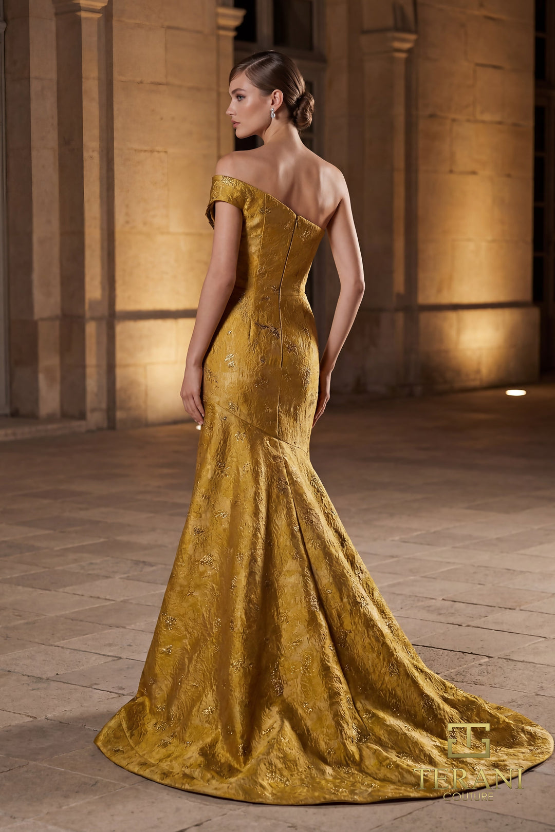 Terani 262E7137 One-Shoulder Floral Appliqué Mermaid Dress