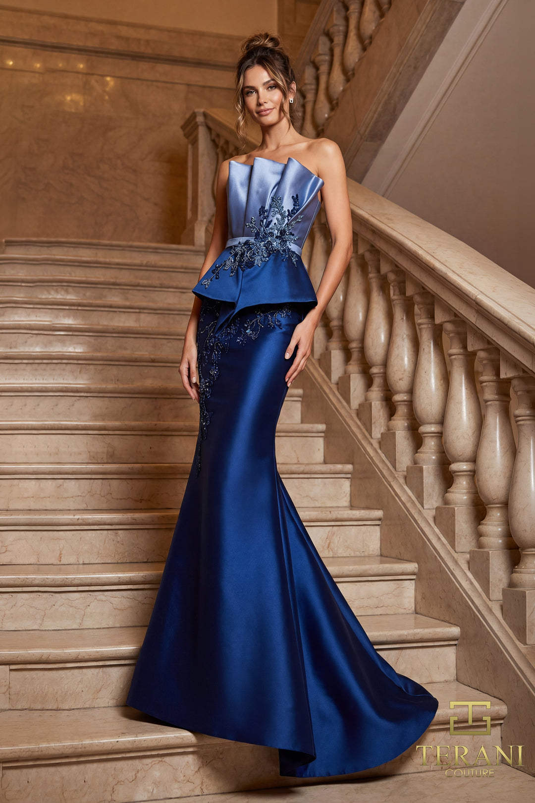 Terani 262E7115 Strapless Sleeveless Peplum Long Evening Dress