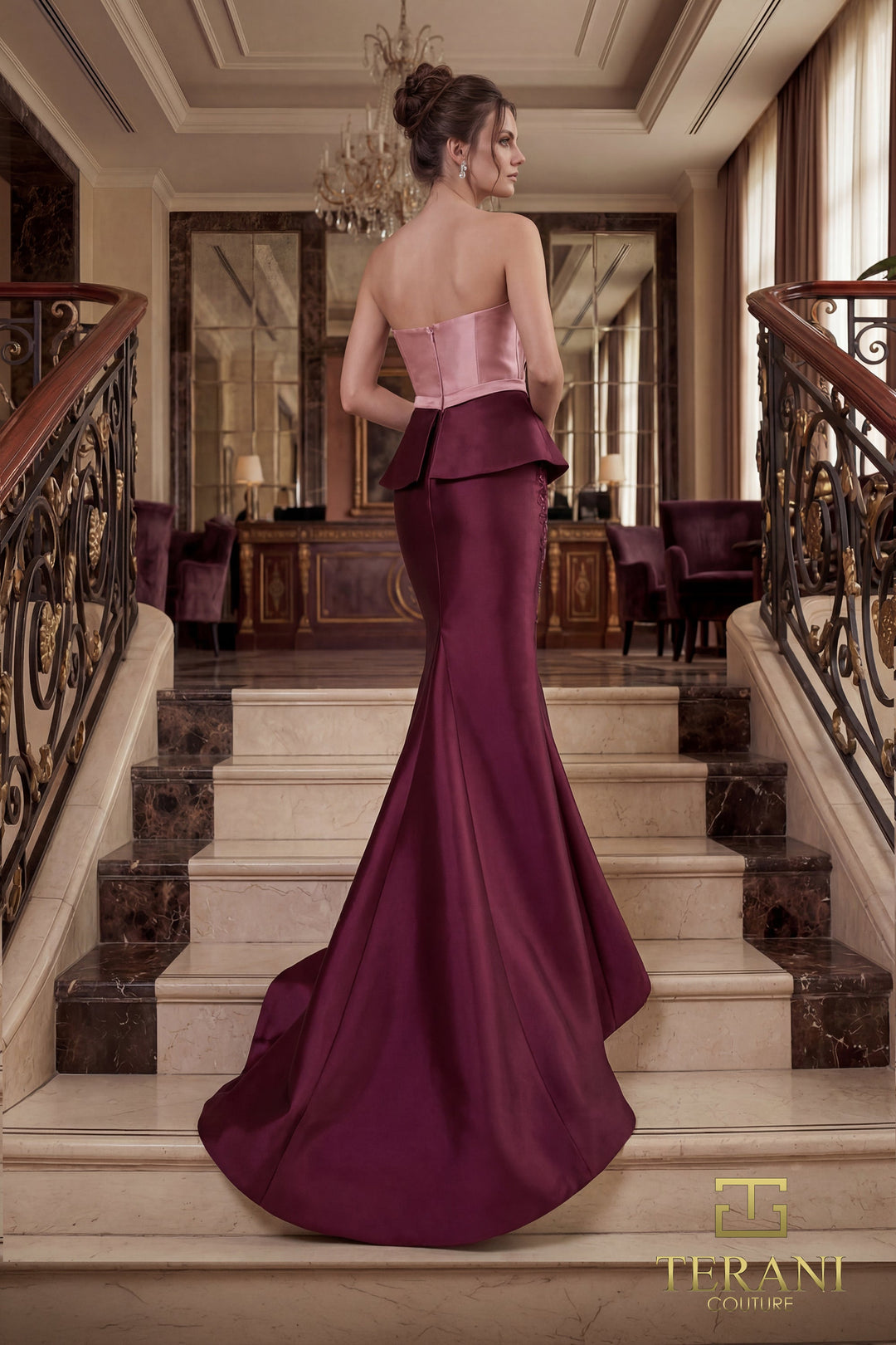 Terani 262E7115 Strapless Sleeveless Peplum Long Evening Dress