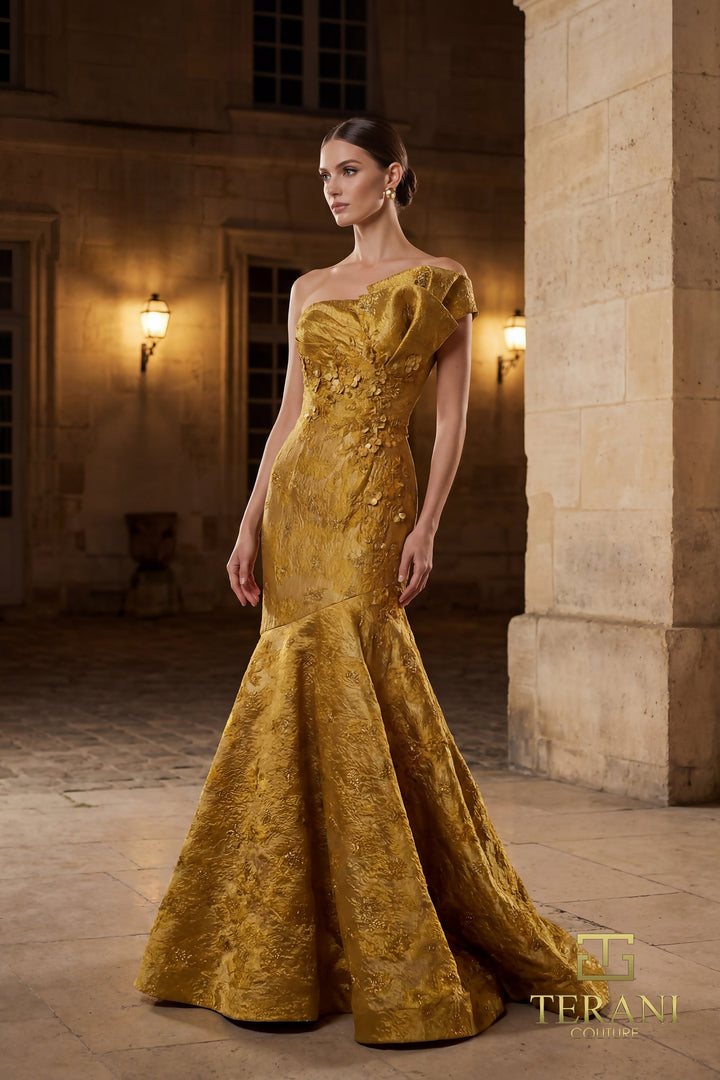 Terani 262E7137 One-Shoulder Floral Appliqué Mermaid Dress