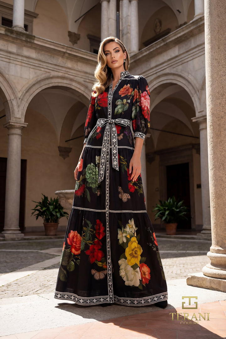 Terani 262E7508 V-Neck Puff-Sleeve A-Line Dress