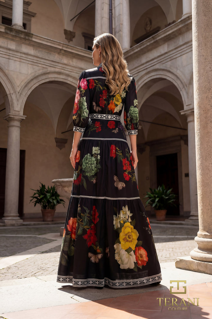 Terani 262E7508 V-Neck Puff-Sleeve A-Line Dress