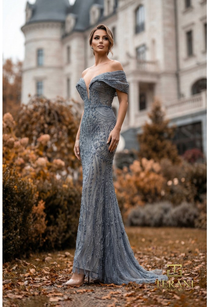 Terani 262GL7169 Off-the-Shoulder Draped Cap Sleeve Fitted Gown
