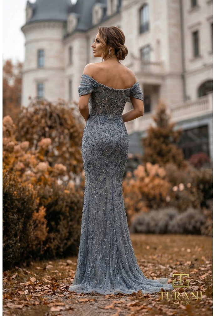 Terani 262GL7169 Off-the-Shoulder Draped Cap Sleeve Fitted Gown
