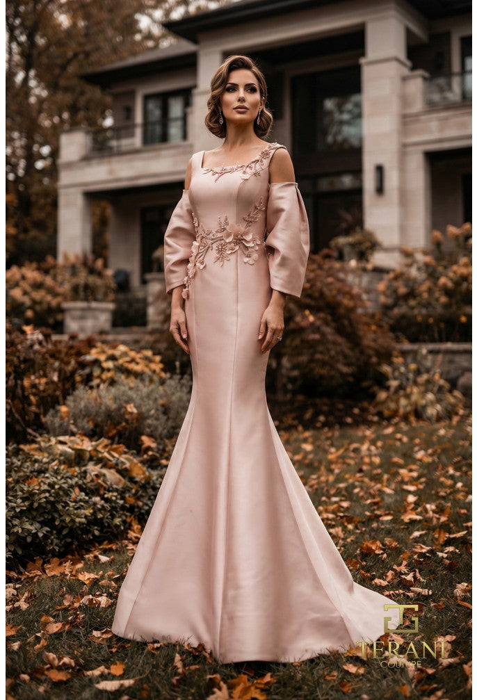 Terani 262M7253 Square Neckline Cold-Shoulder Puff Sleeve Structured Dress